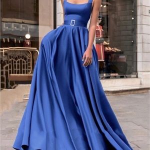 Sapphire blue evening gown, crisscross straps